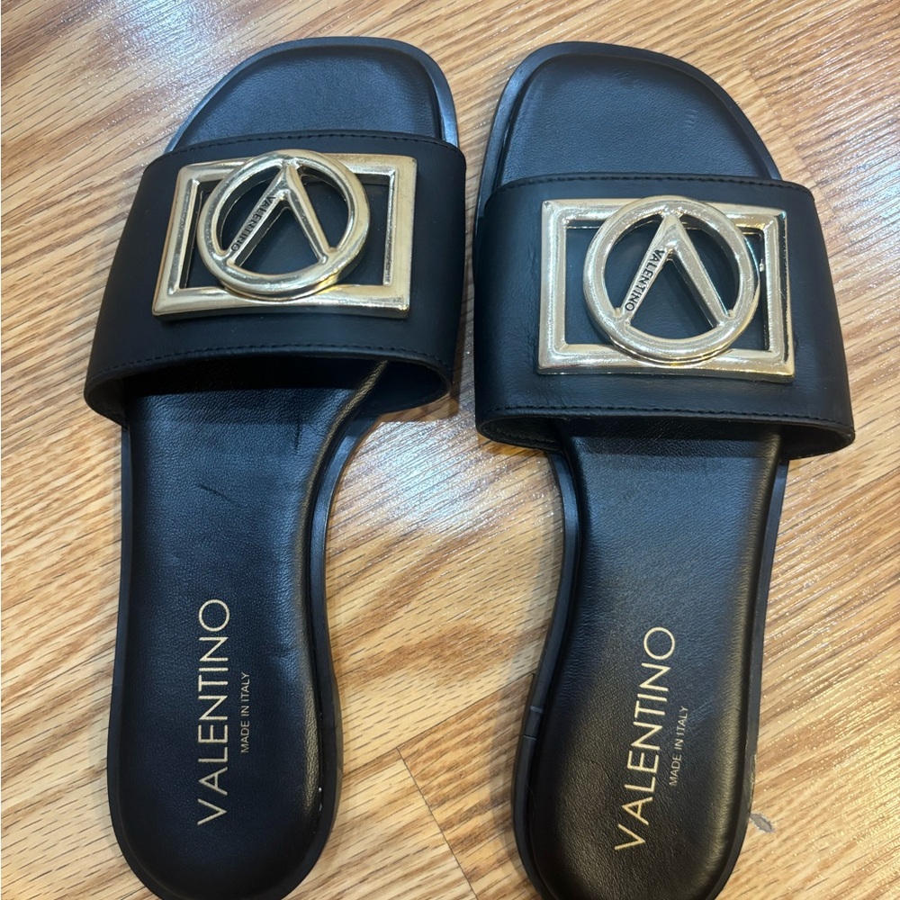 Valentino Black and Gold Slide Sandals